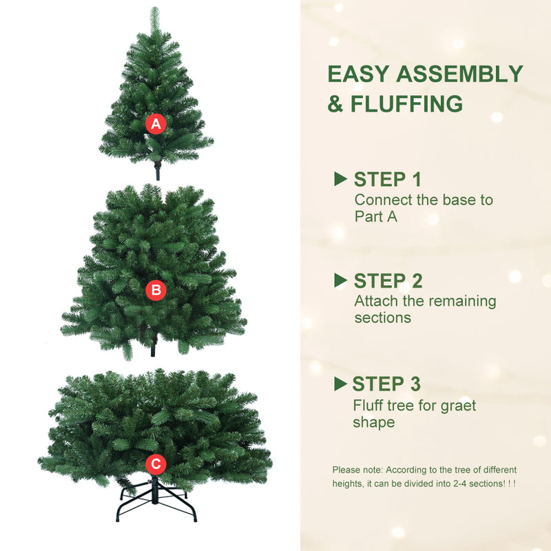 Artificial Christmas Tree with 1288 Flocked Branches, LED Lights, PE & PVC Leaves, and Foldable Metal Stand For Holiday Decor, Green, 5/6/7FT