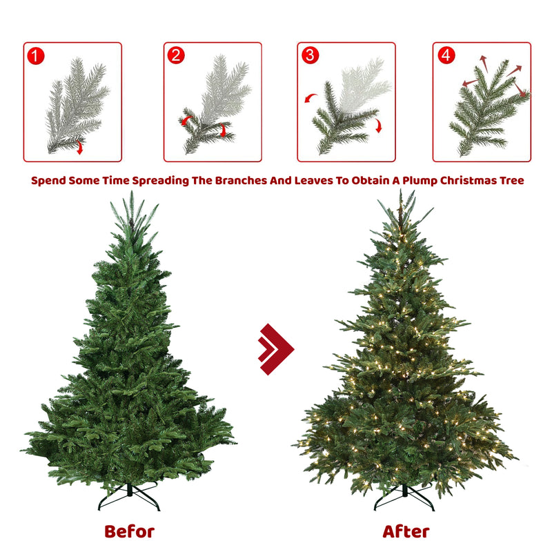 Artificial Norway Pine Christmas Tree With Branch Tips, Foldable Metal Stand and Light, for Indoor/Outdoor Holiday Decor, 7FT/7.5FT/8FT, Green