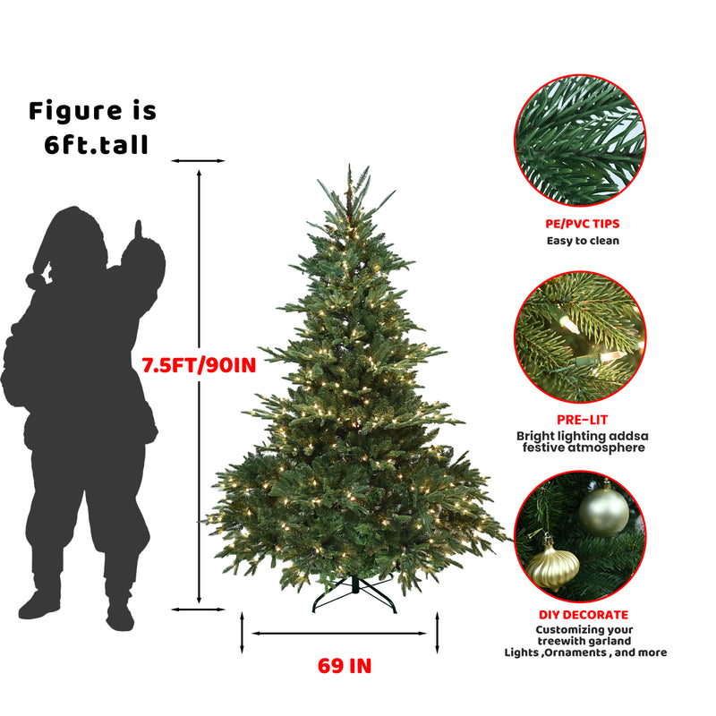 Artificial Norway Pine Christmas Tree With Branch Tips, Foldable Metal Stand and Light, for Indoor/Outdoor Holiday Decor, 7FT/7.5FT/8FT, Green
