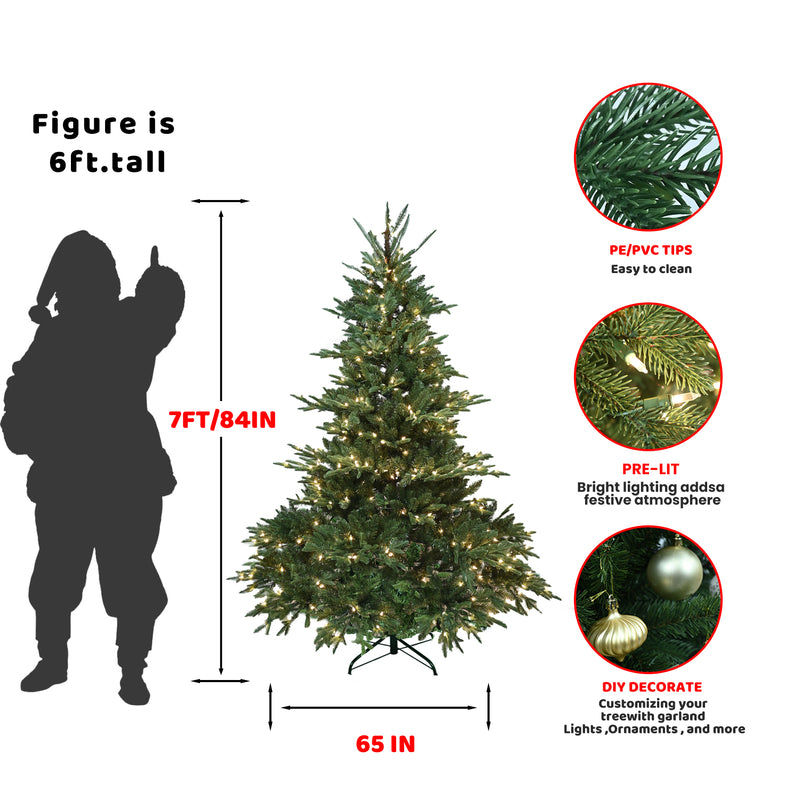 Artificial Norway Pine Christmas Tree With Branch Tips, Foldable Metal Stand and Light, for Indoor/Outdoor Holiday Decor, 7FT/7.5FT/8FT, Green