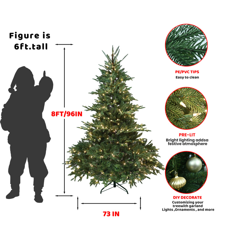 Artificial Norway Pine Christmas Tree With Branch Tips, Foldable Metal Stand and Light, for Indoor/Outdoor Holiday Decor, 7FT/7.5FT/8FT, Green
