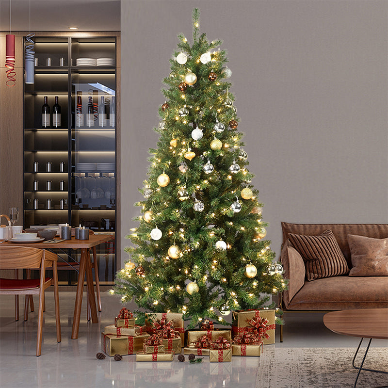 Artificial Christmas Tree with 1288 Flocked Branches, LED Lights, PE & PVC Leaves, and Foldable Metal Stand For Holiday Decor, Green, 5/6/7FT