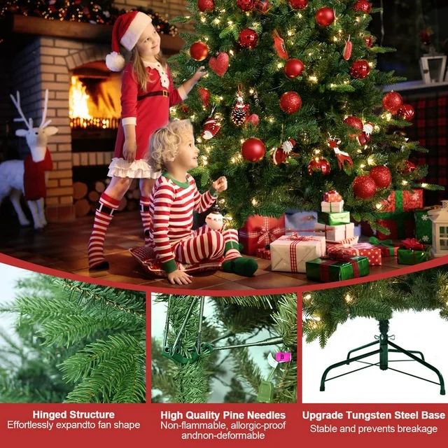 Lixhey Pre-lit Artificial Christmas Tree with Warm White Lights - Hinged Premium Spruce Fake Xmas Tree with PE&PVC Mixed Branch Tips, Foldable Base, for Home Party Decoration