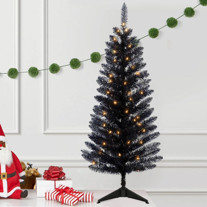 4FT Black Small Christmas Tree with Lights, Mini Artificial Halloween Tree for Home Office