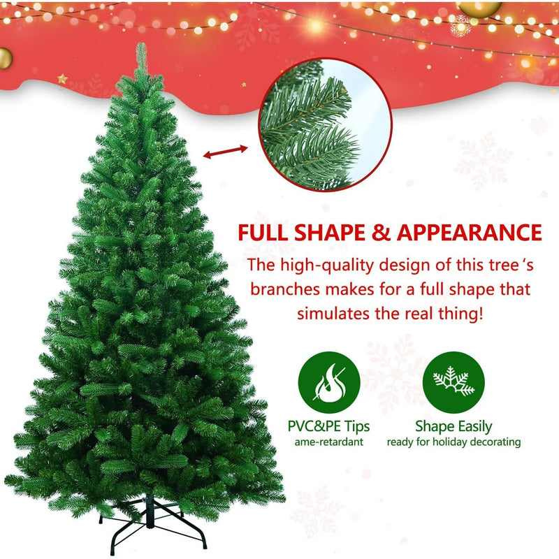 7ft Christmas Tree, Artificial Christmas Tree with PE Material, Branches, Pre-lit with Lights, Metal Foldable Stand, for Home, Office, Outdoor & Party Decorations, Green