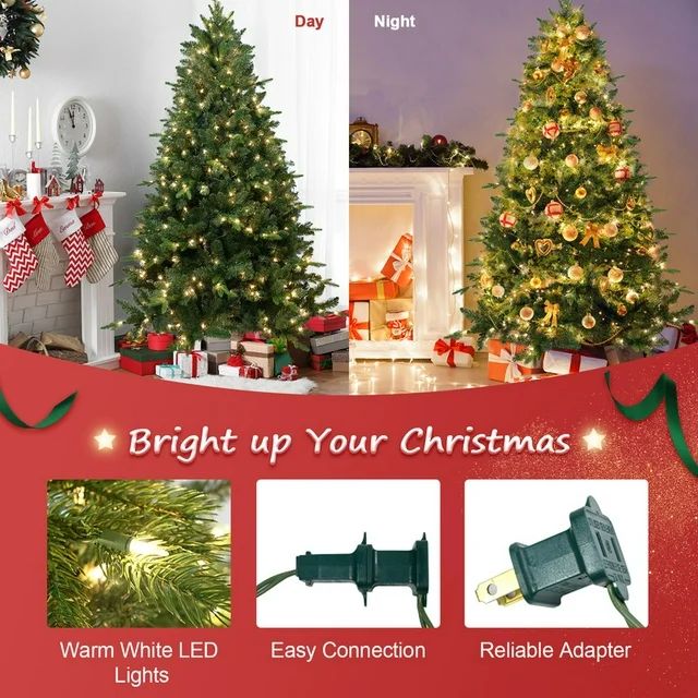 Lixhey Pre-lit Artificial Christmas Tree with Warm White Lights - Hinged Premium Spruce Fake Xmas Tree with PE&PVC Mixed Branch Tips, Foldable Base, for Home Party Decoration