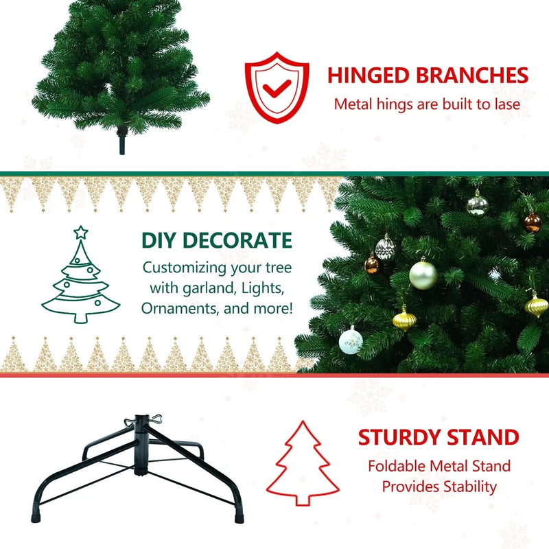 7ft Christmas Tree, Artificial Christmas Tree with PE Material, Branches, Pre-lit with Lights, Metal Foldable Stand, for Home, Office, Outdoor & Party Decorations, Green