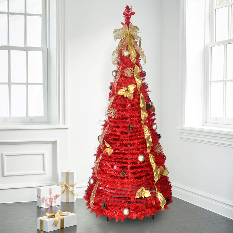 6ft Pre-Lit Pop Up Christmas Tree, Collapsible Artificial Xmas Tree, Red