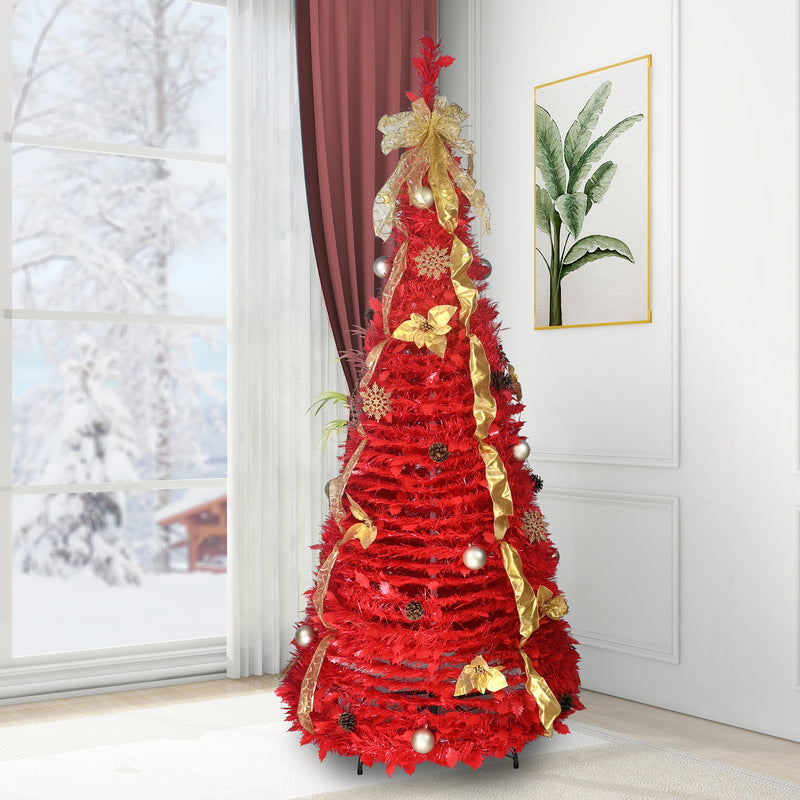 6ft Pre-Lit Pop Up Christmas Tree, Collapsible Artificial Xmas Tree, Red