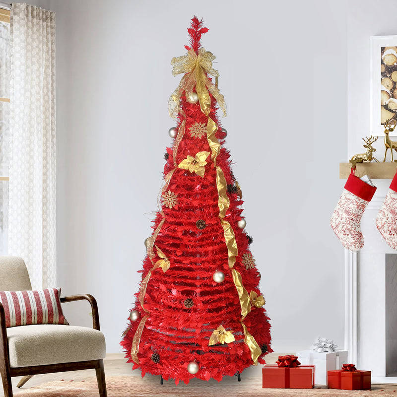 6ft Pre-Lit Pop Up Christmas Tree, Collapsible Artificial Xmas Tree, Red