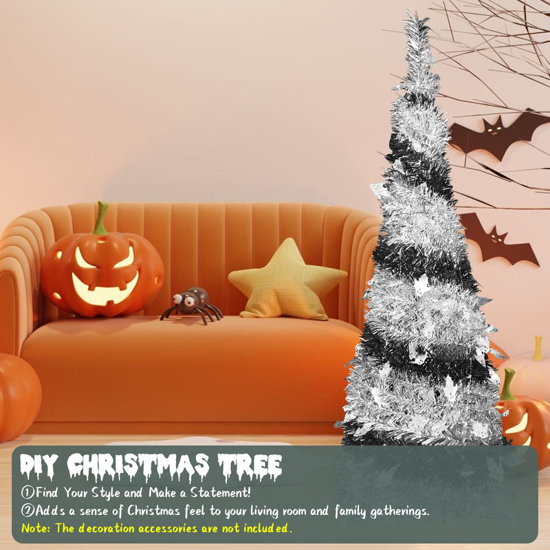 Bringstar 4FT Pre-Lit Halloween Pop-up Tree, Collapsible Artificial Christmas Tree, Black & White