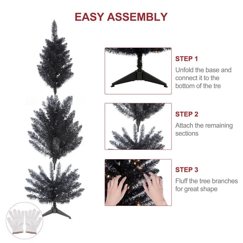 4FT Black Small Christmas Tree with Lights, Mini Artificial Halloween Tree for Home Office