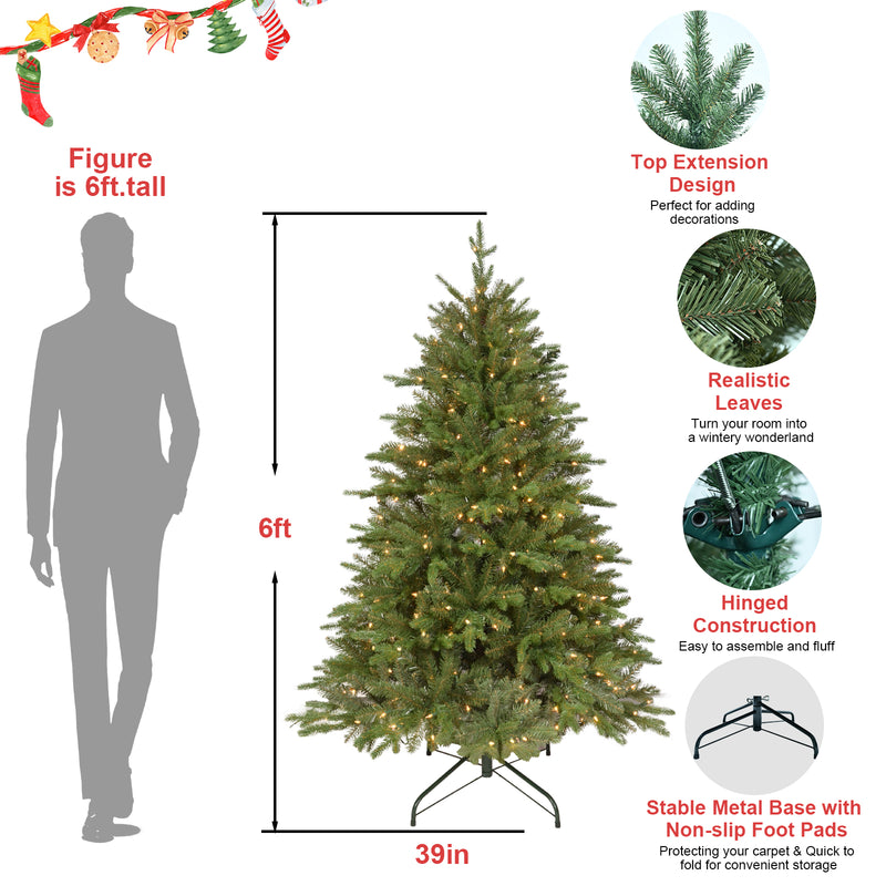 6ft Christmas Tree, Artificial Christmas Tree with PE Material, Branches, Pre-lit with Lights, Metal Foldable Stand, for Home, Office, Outdoor & Party Decorations, Green