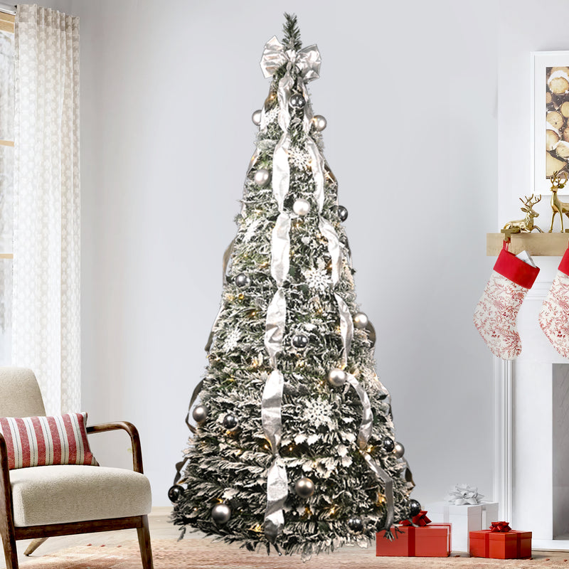 6ft Flocked Pop Up Christmas Tree, Artificial Xmas Tree, Collapsible, Silver