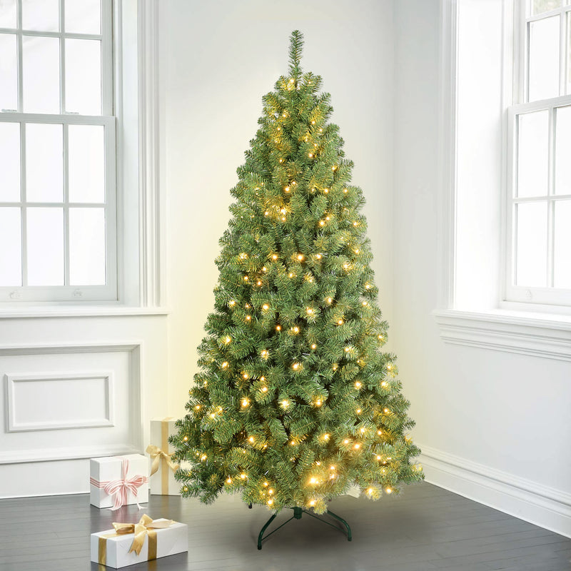 5ft Pre-Lit Christmas Tree, Artificial Green Xmas Tree, Premium PVC Branch Tips, 200 Lights