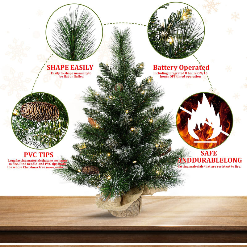 Bringstar 2FT Prelit Artificial Fake Mini Christmas Tree with 35 LED Lights, Pine Cone & Burlap Base